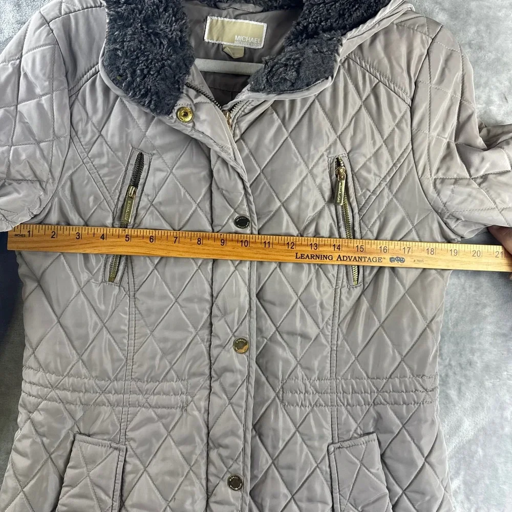 Michael Kors Quilted Parka Women Medium Taupe Faux Fur Hood Jacket (P)